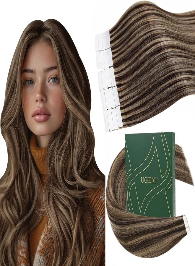Ugeat Brown Tape in Extensions Human Hair Invisible Tape in Hair Extensions Real Remy Human Hair Dark Brown Ombre with Caramel Blonde Natural No Damage for Girl Daily Wear 18Inch 20Pcs 50G - Image 1